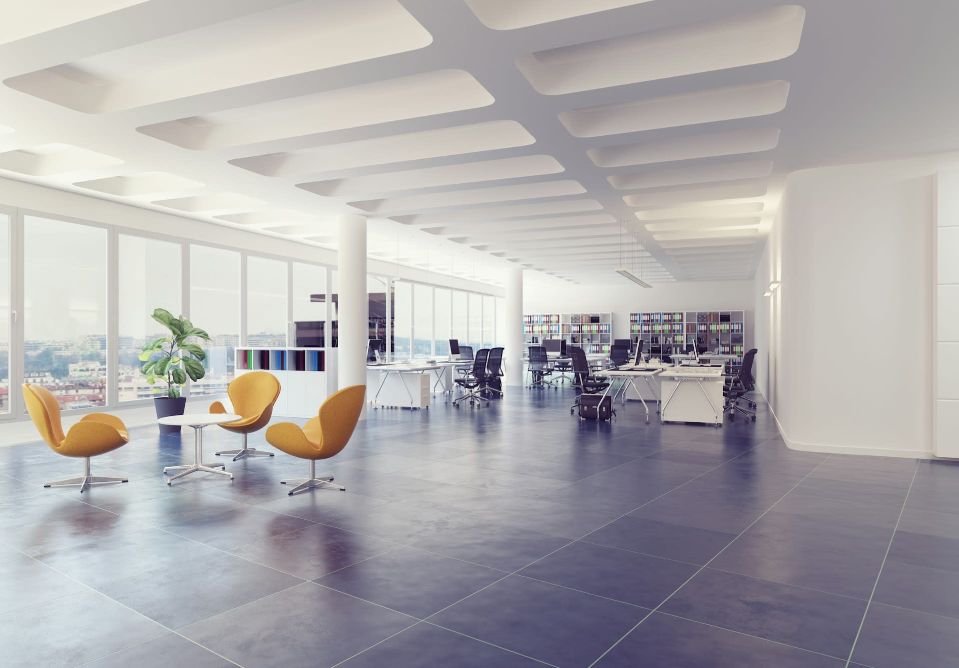 Sunny office with spacious minimalist design.