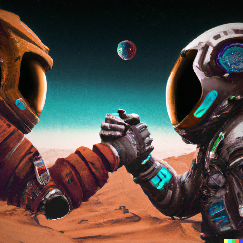 Astronauts from India and the USA bumping fists on mars vibrant cyberpunk synthwave artstation