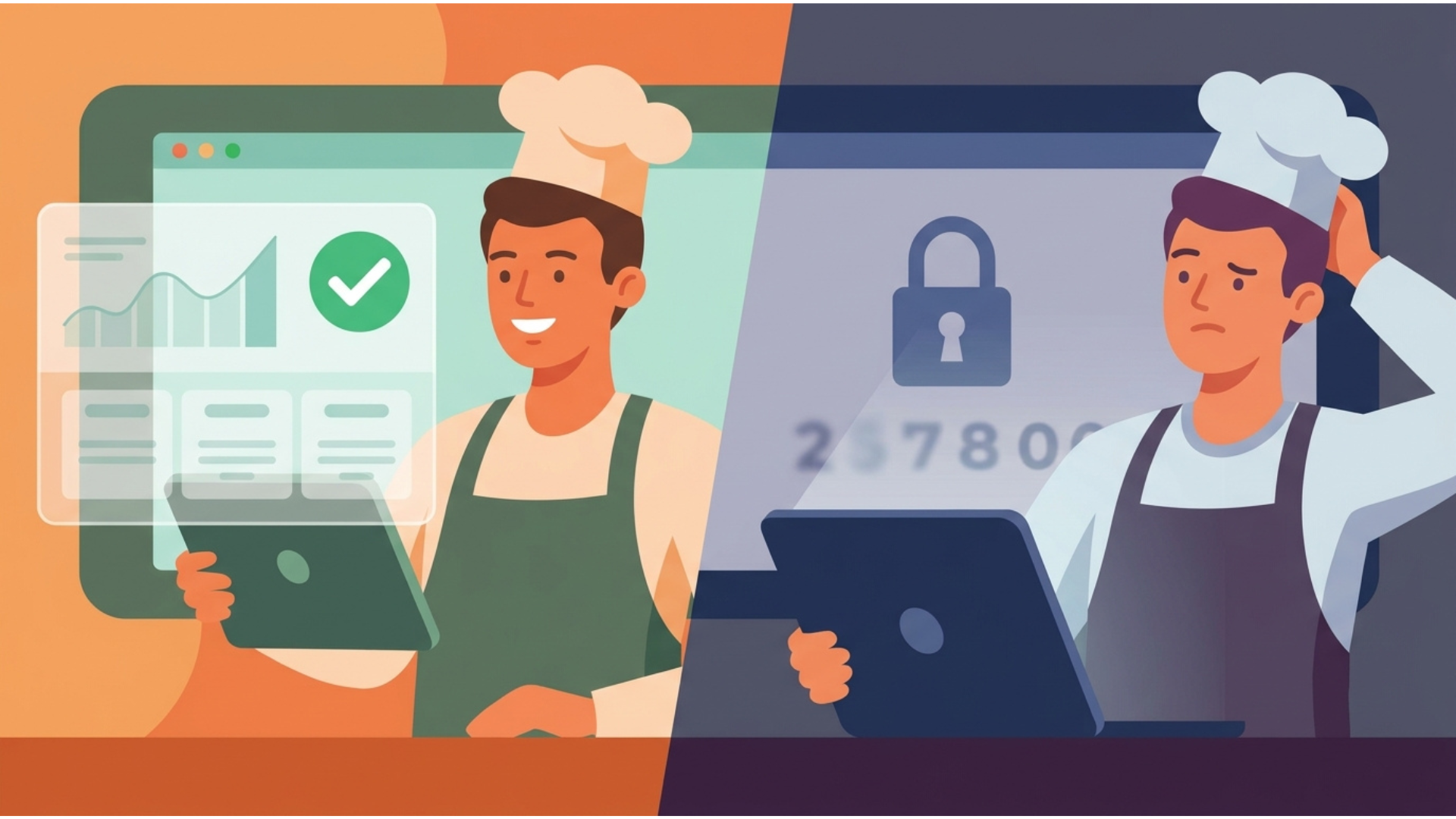 Split illustration comparing a restaurant owner confused by hidden pricing with one who knows their costs upfront