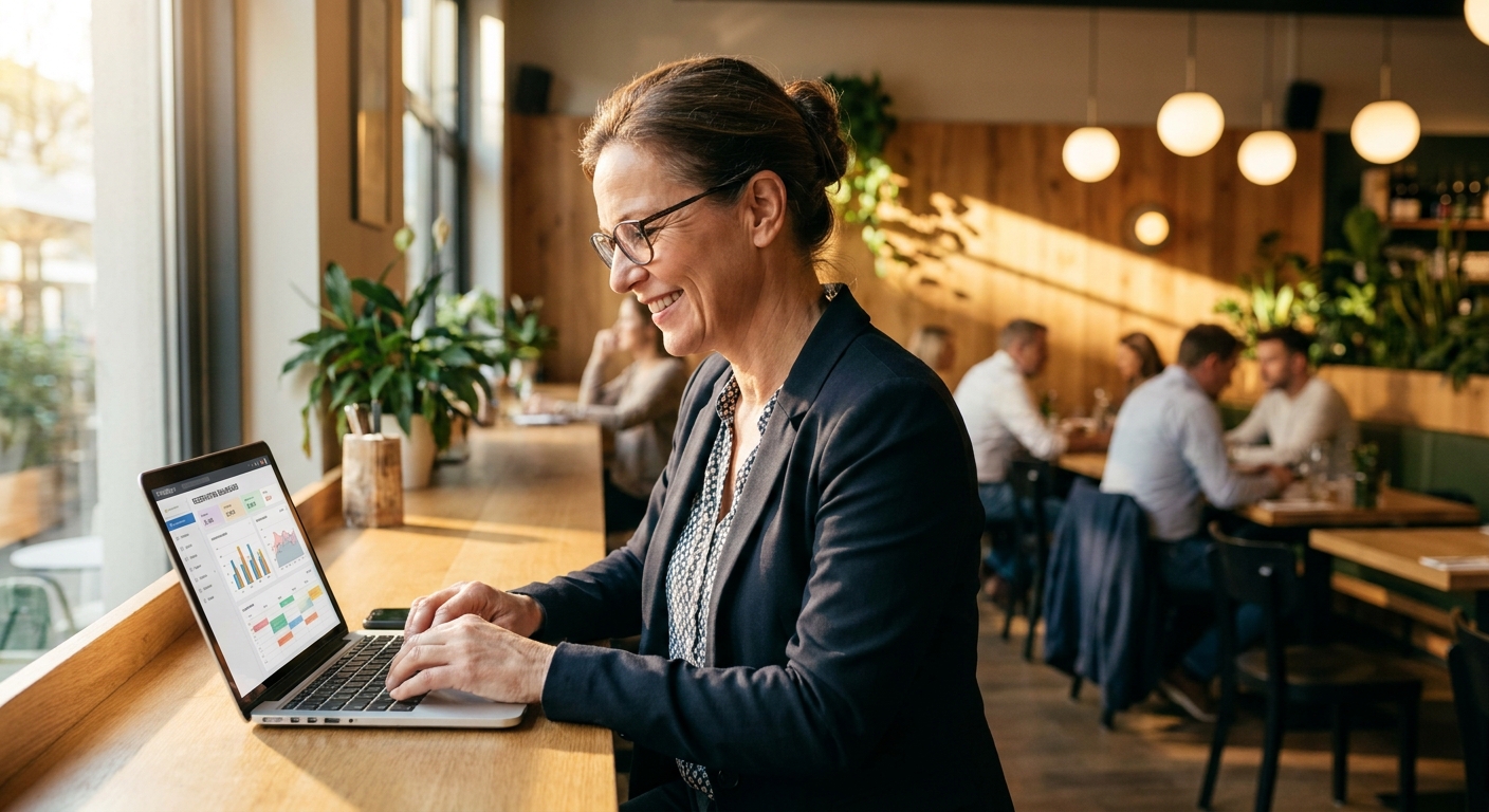 Restaurantmanager plant die Migration des Reservierungssystems am Laptop
