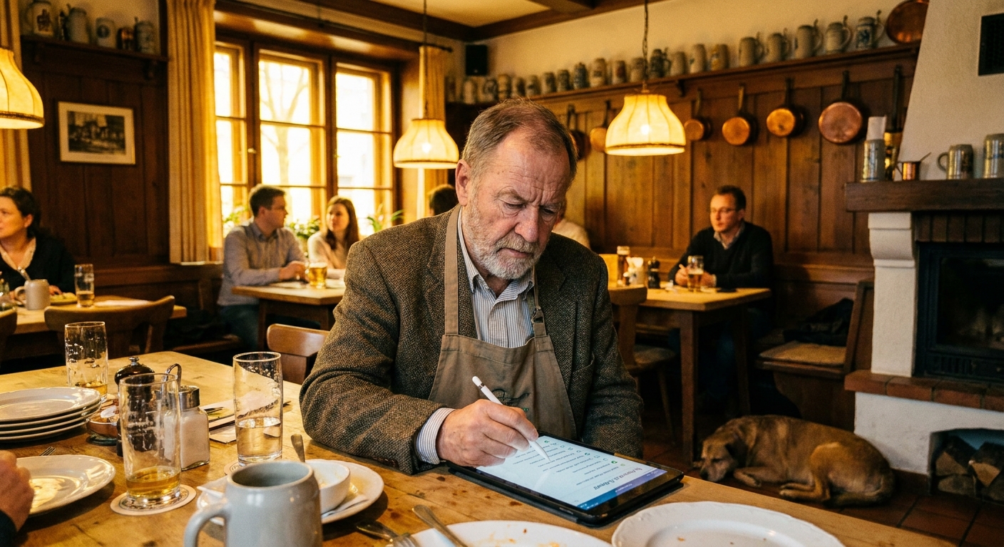 Restaurantbesitzer prüft eine Checkliste für das Reservierungssystem auf einem Tablet
