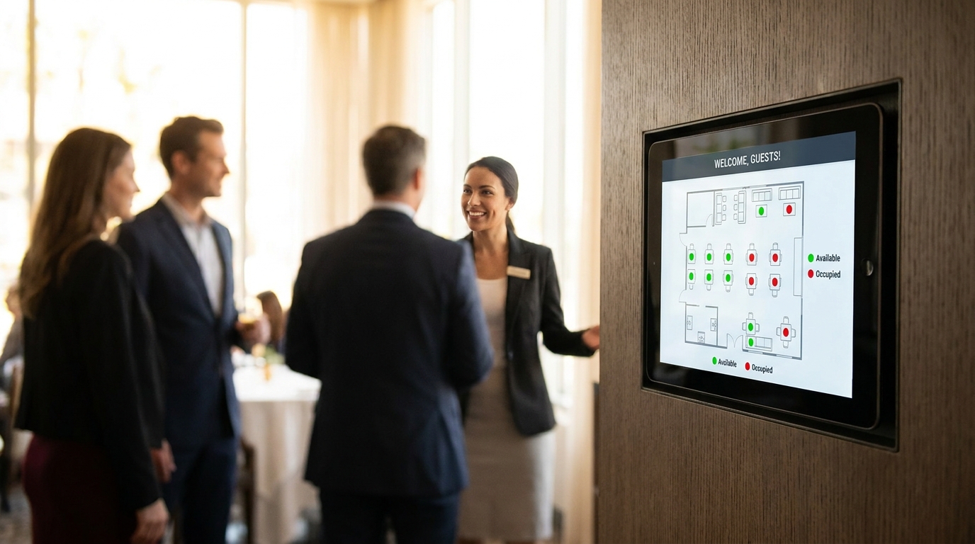 Restaurantmitarbeiter bedient Gäste mit einem digitalen Reservierungstablet