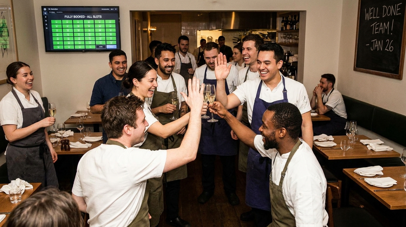 Restaurantteam feiert Erfolg, Symbolbild für starke Social-Media-Präsenz nach dem Quandoo-Wechsel