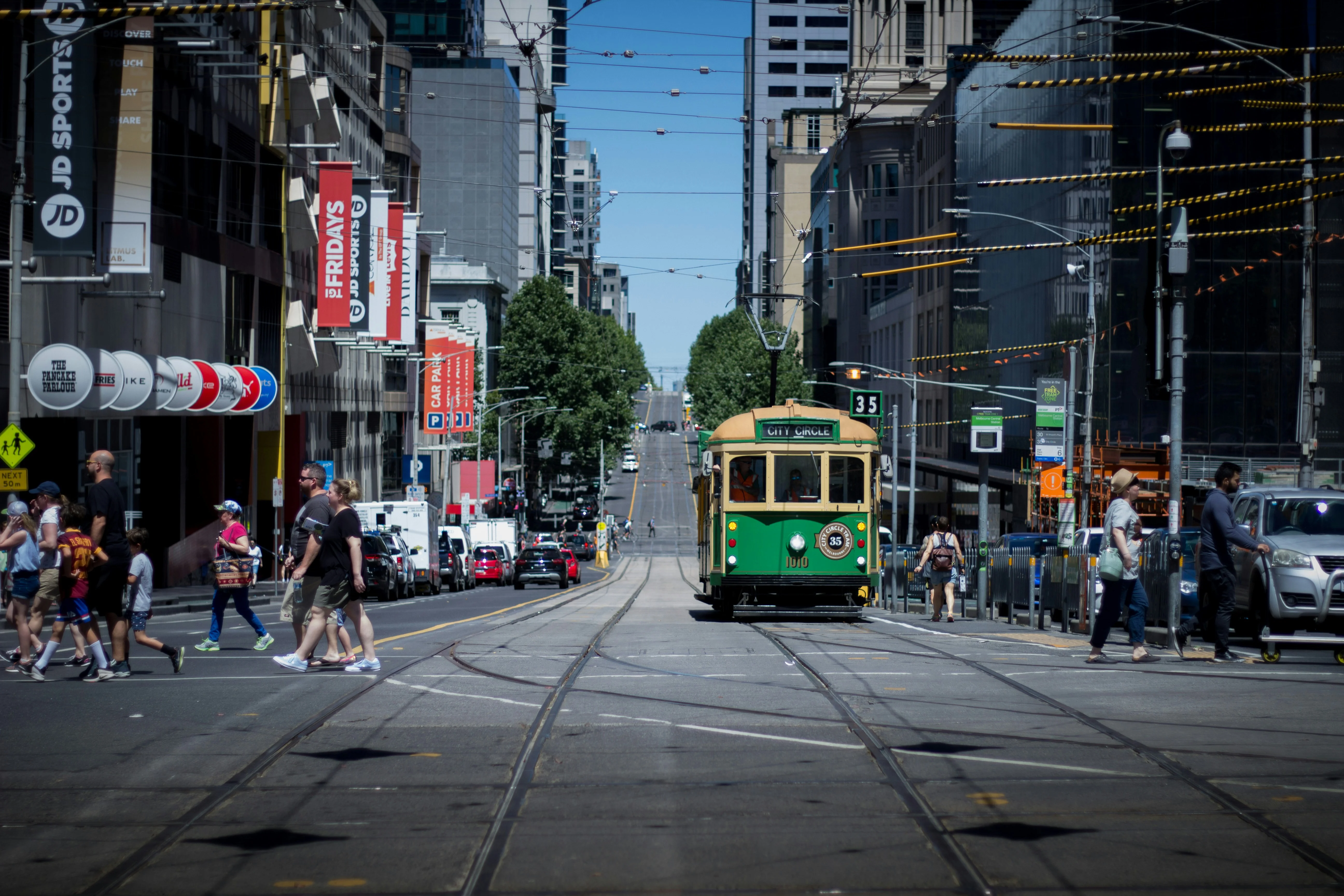 City Circle tram on a Melbourne CBD street inside the Free Tram Zone