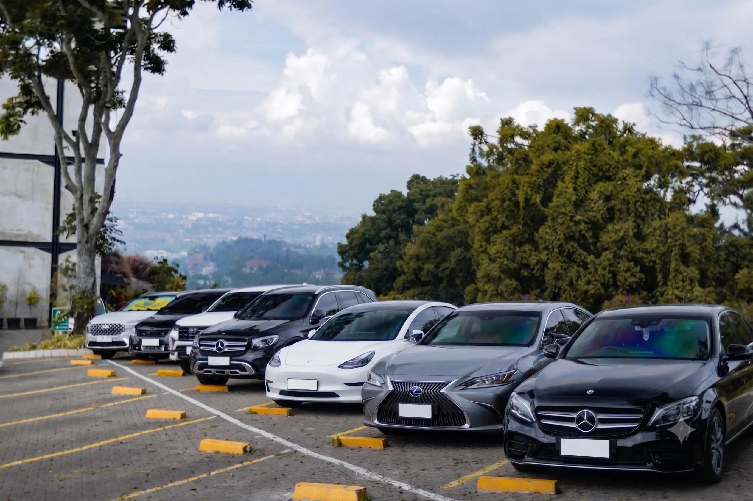 The ME CABS hybrid fleet lined up — Tesla, Lexus, Mercedes-Benz sedans and SUVs used for Melbourne Airport pickups