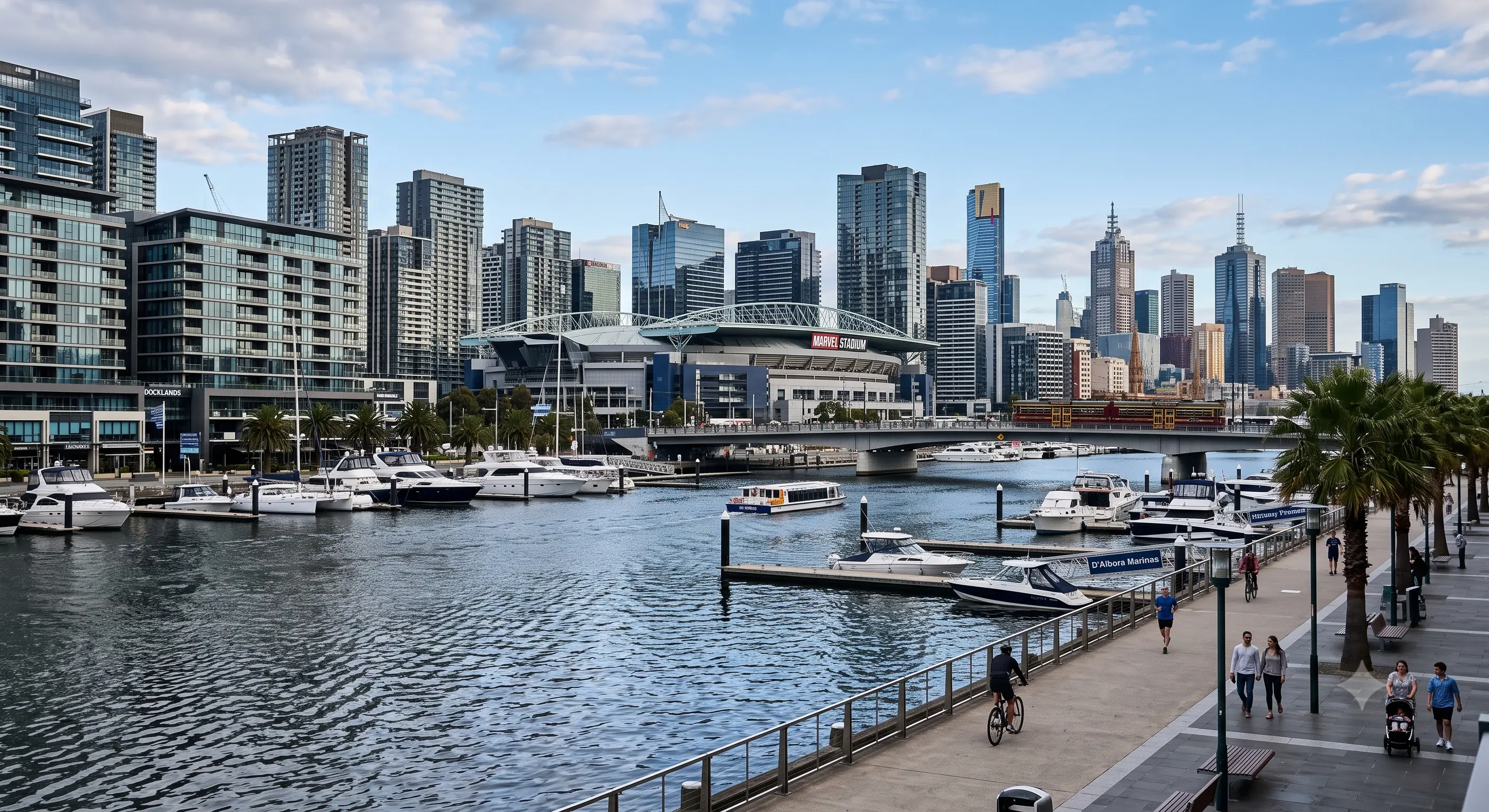 Docklands waterfront and skyline, ME CABS fixed-fare taxi in Docklands