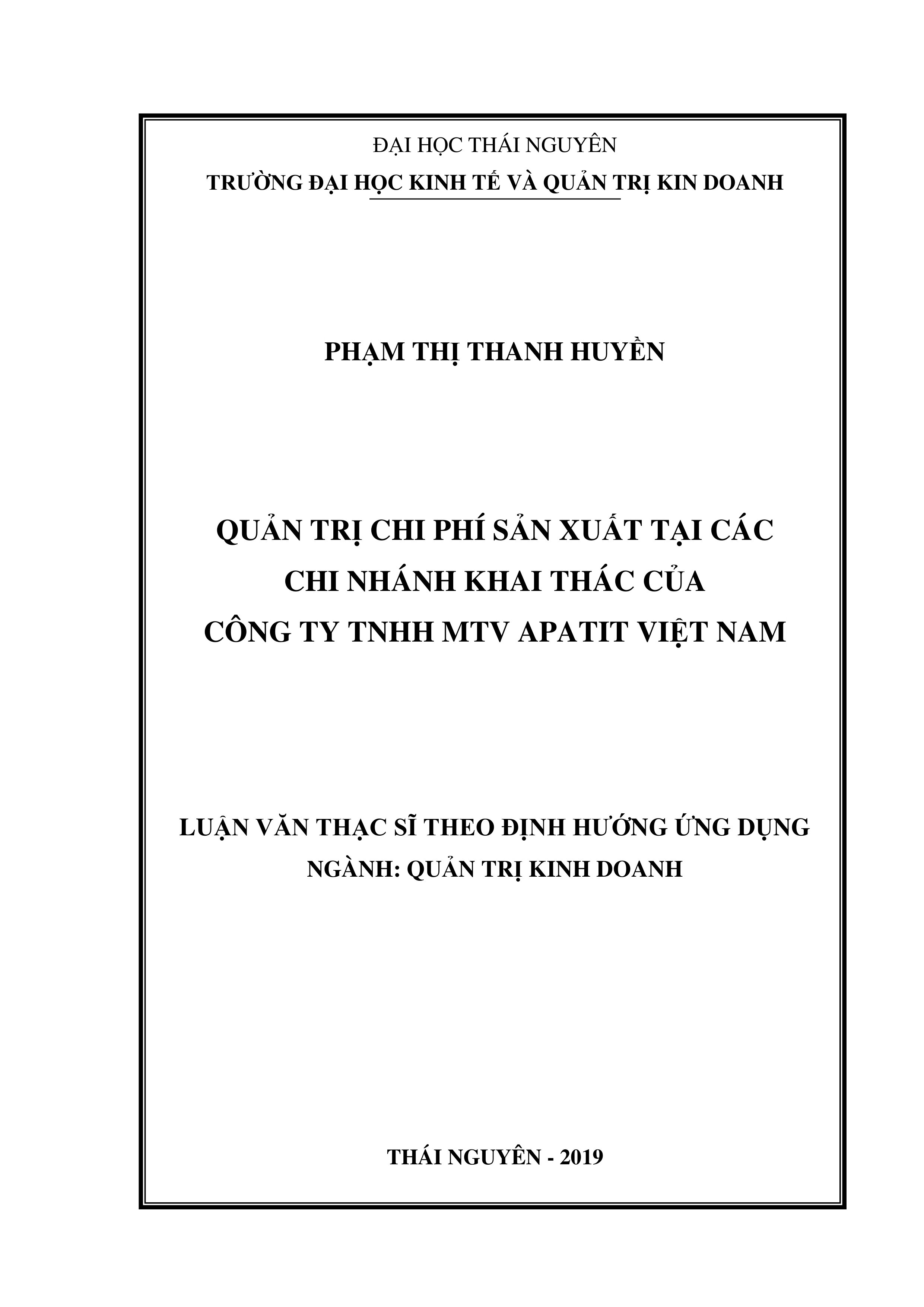 Quản trị chi phí sản xuất tại các chi nhánh khai thác của Công ty TNHH một thành viên Apatit Việt Nam