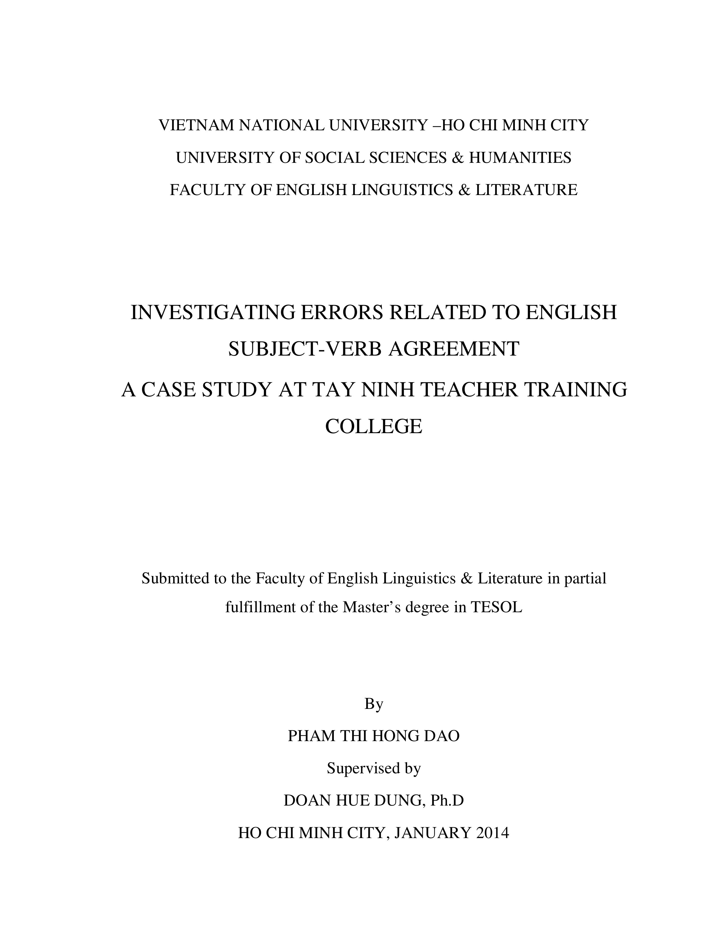 Investigating errors related to english subject verb agreement a case study at tay ninh teacher