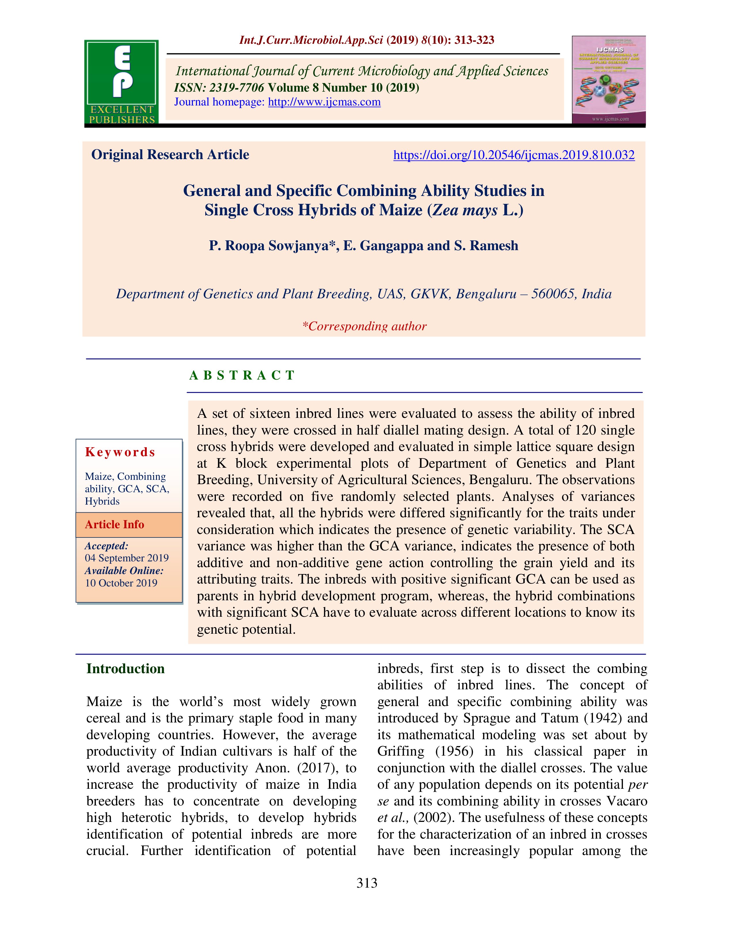 General and specific combining ability studies in single cross hybrids of maize (Zea mays L.)