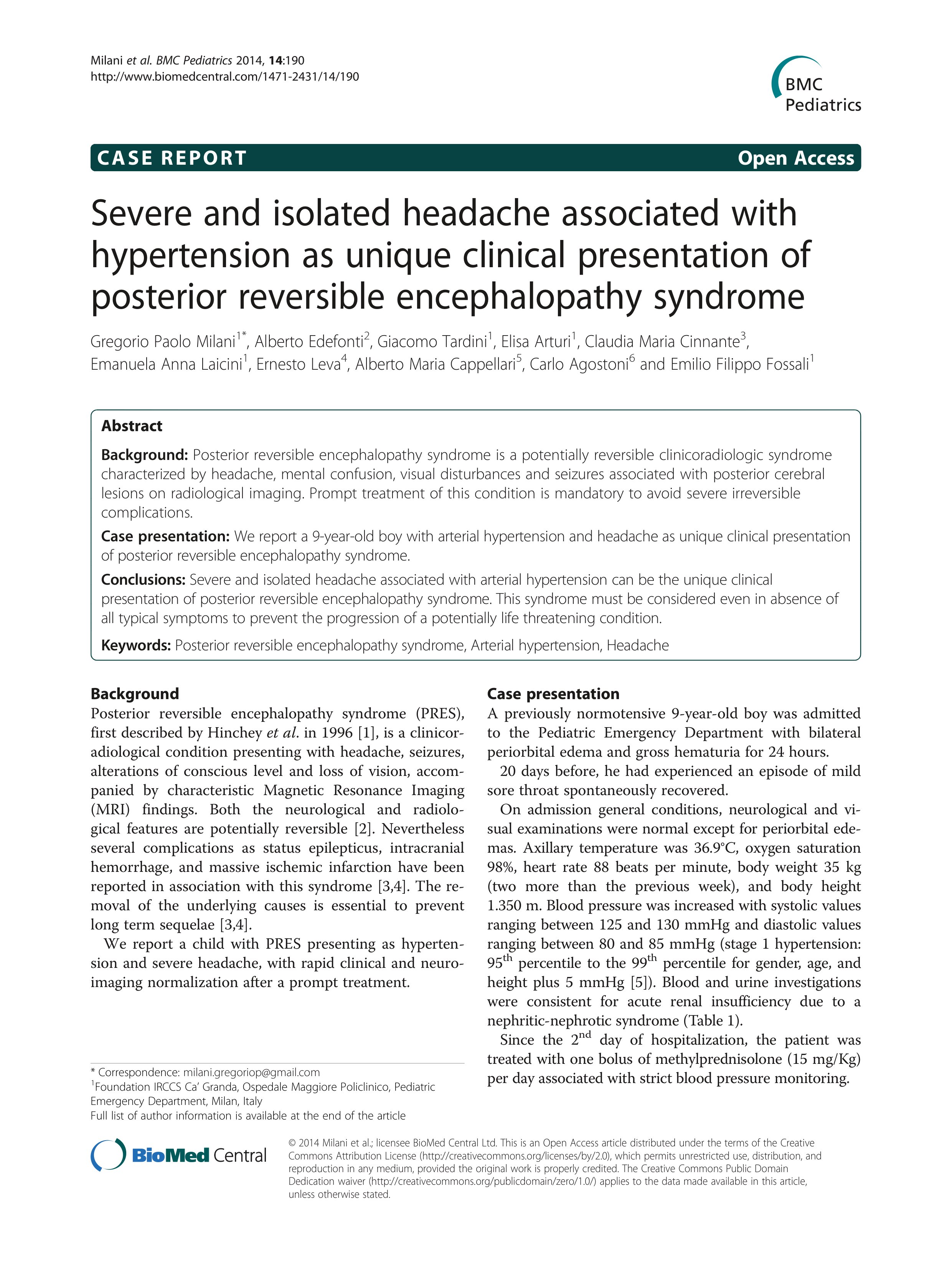 Severe and isolated headache associated with hypertension as unique clinical presentation of