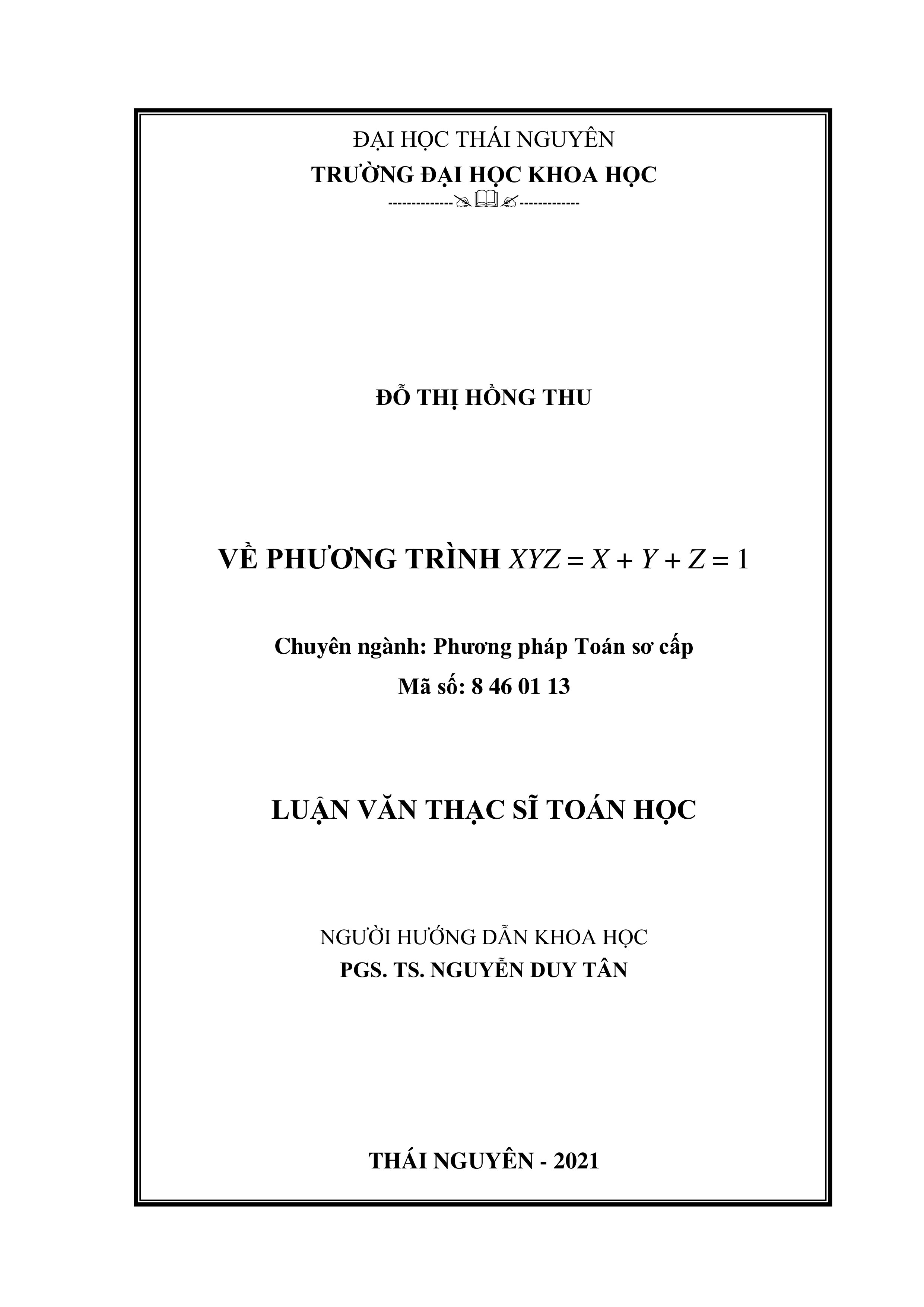 Về phương trình XYZ = X+Y+Z=1