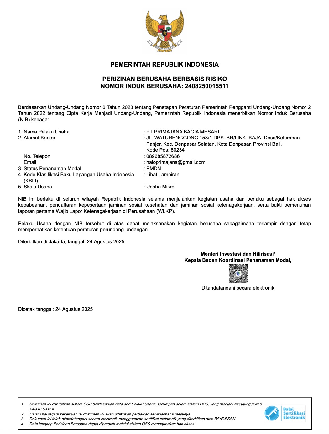 NIB Primajana Bagia Mesari