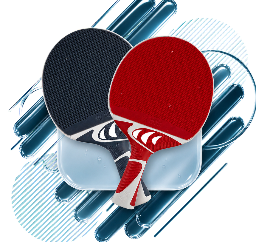Red and blue Tiger Aqua outdoor PingPong paddles.