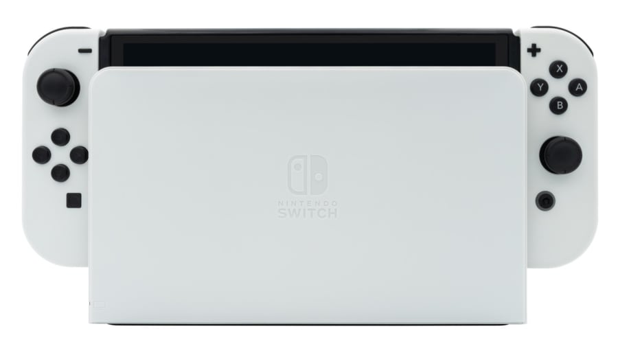 Nintendo Switch OLED — Nintendo Switch OLED model, White, console with white Joy-Con docked in the white OLED dock, front, studio cut-out