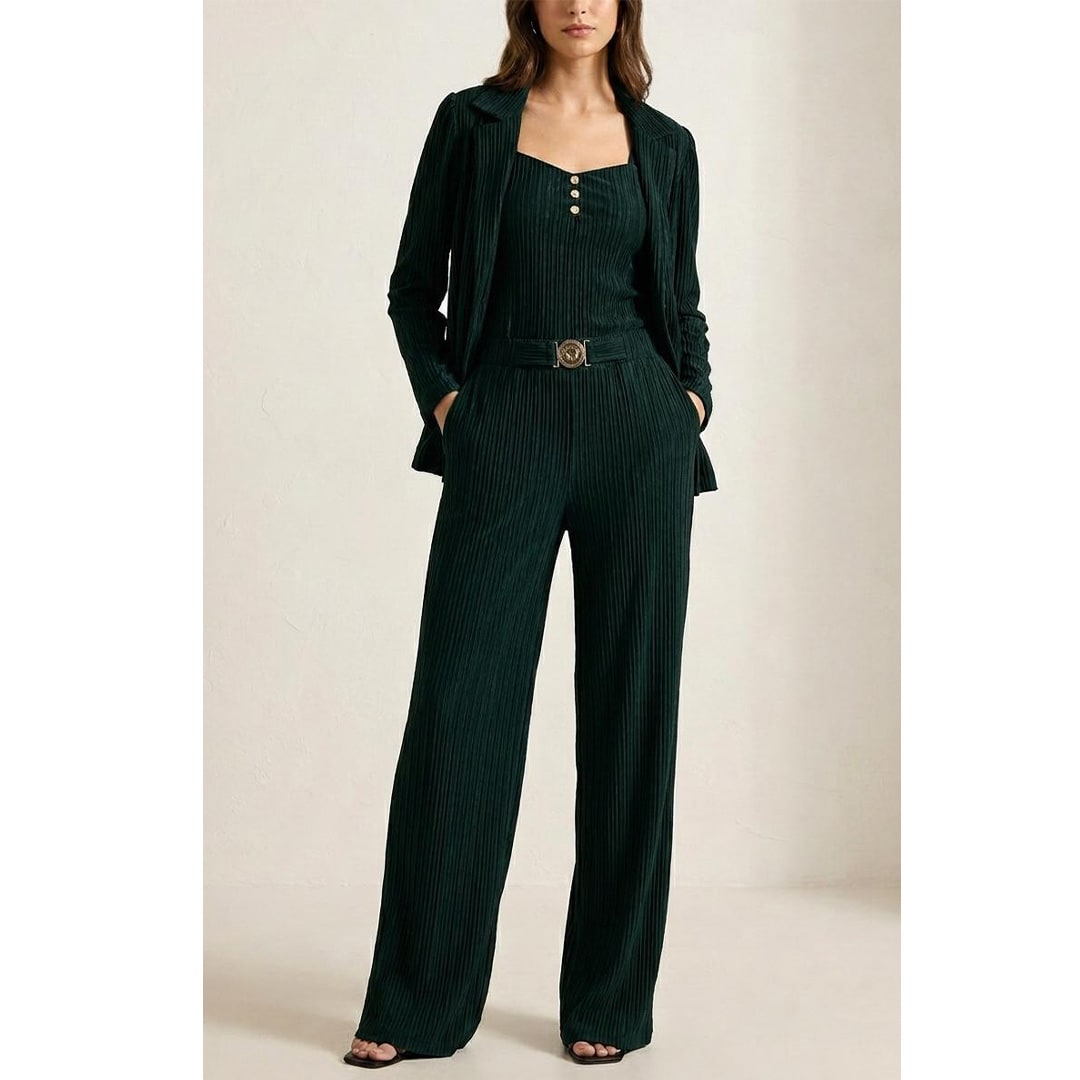 Three Piece Coord Set - Cropped Top, Open Front Blazer with High Waist Wide Legged Trouser