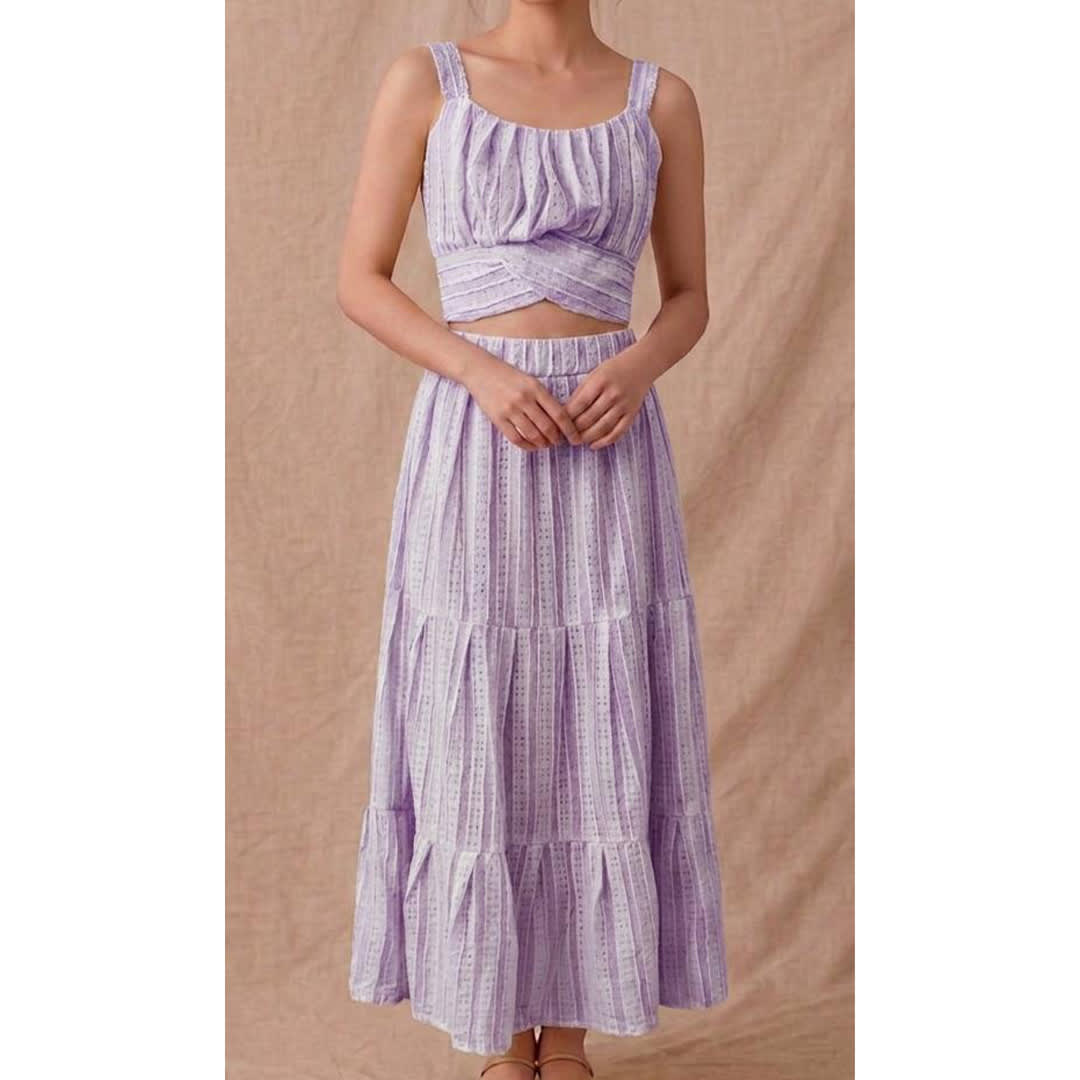 Two Piece Coord Set - Cropped Top, Tiered Midi Skirt