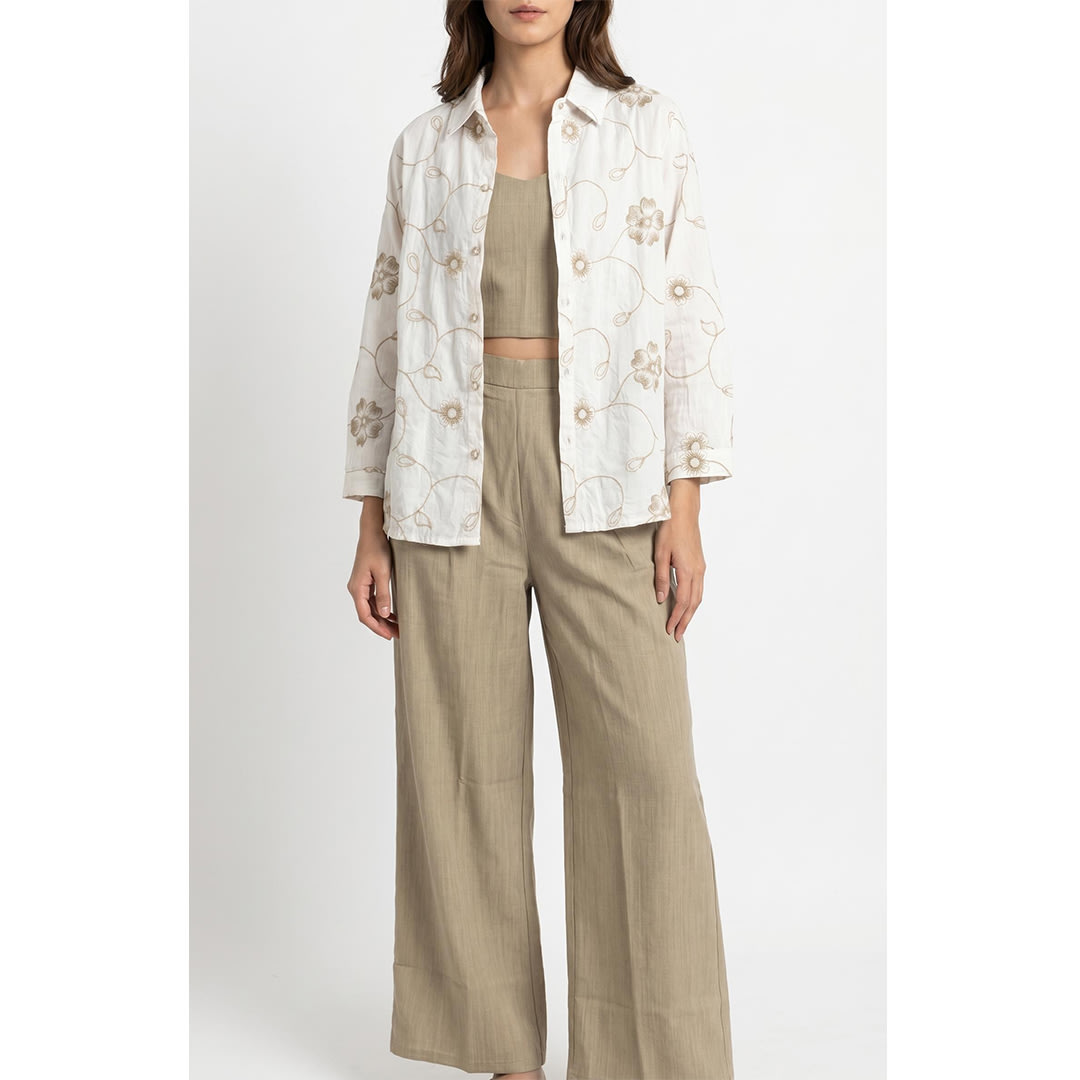 Three Piece Coord Set - Wide Leg Pant, Croped Camisole and Embroidered White Button-Down Shirt