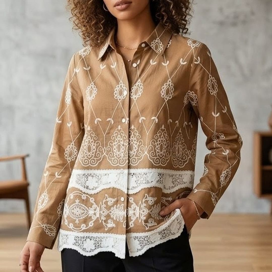 Floral Lace Patch Work Button-Down Shirt