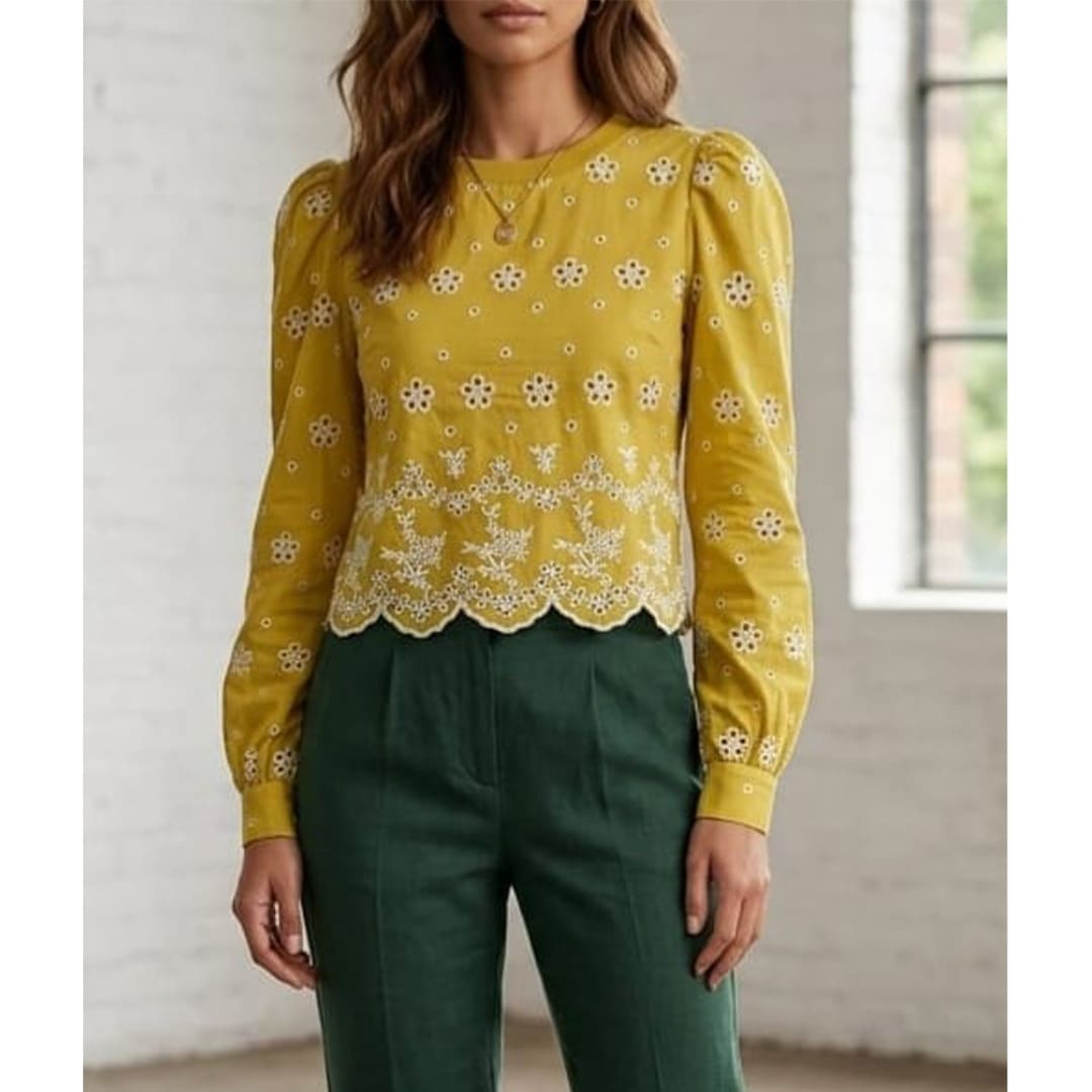 Eyelet Embroidered Long Sleeved Top- Mustard