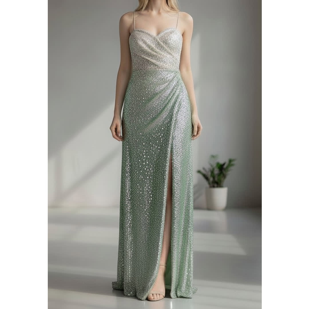 Silver Shimmer Sweatheart High Slit Evening Gown