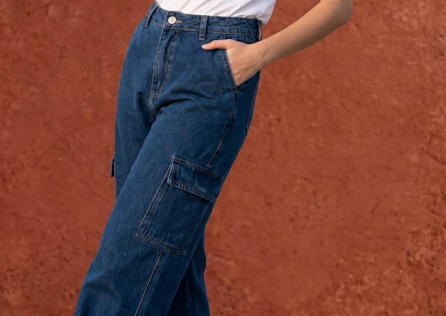 High waist wide leg cargo denim