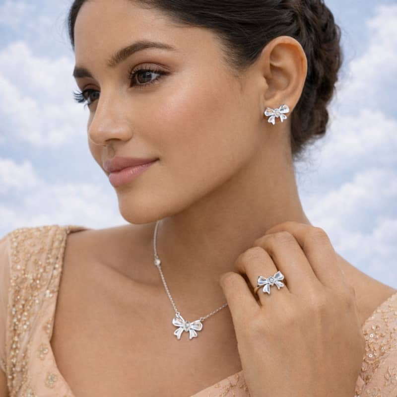 Aradhya925 Bow Shape Pendent Set With Earring And Ring (Pack Of 4)