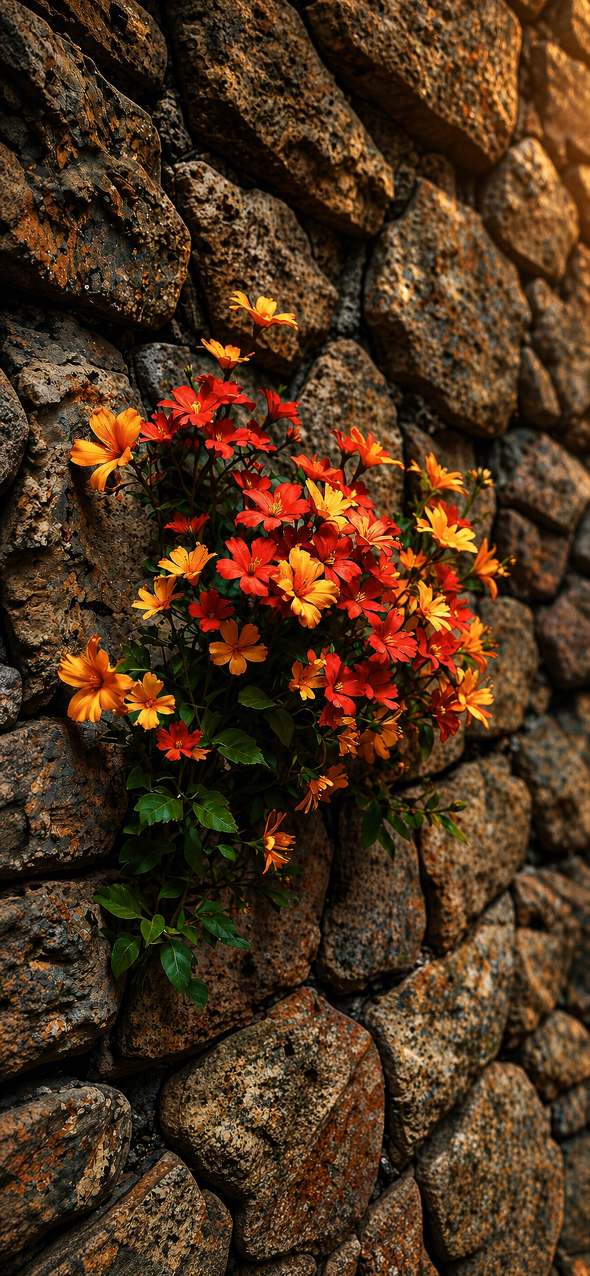 Golden Hour Blooms on Stone — phone wallpaper preview