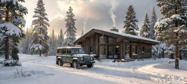Snowy Cabin Retreat Land Rover — desktop wallpaper
