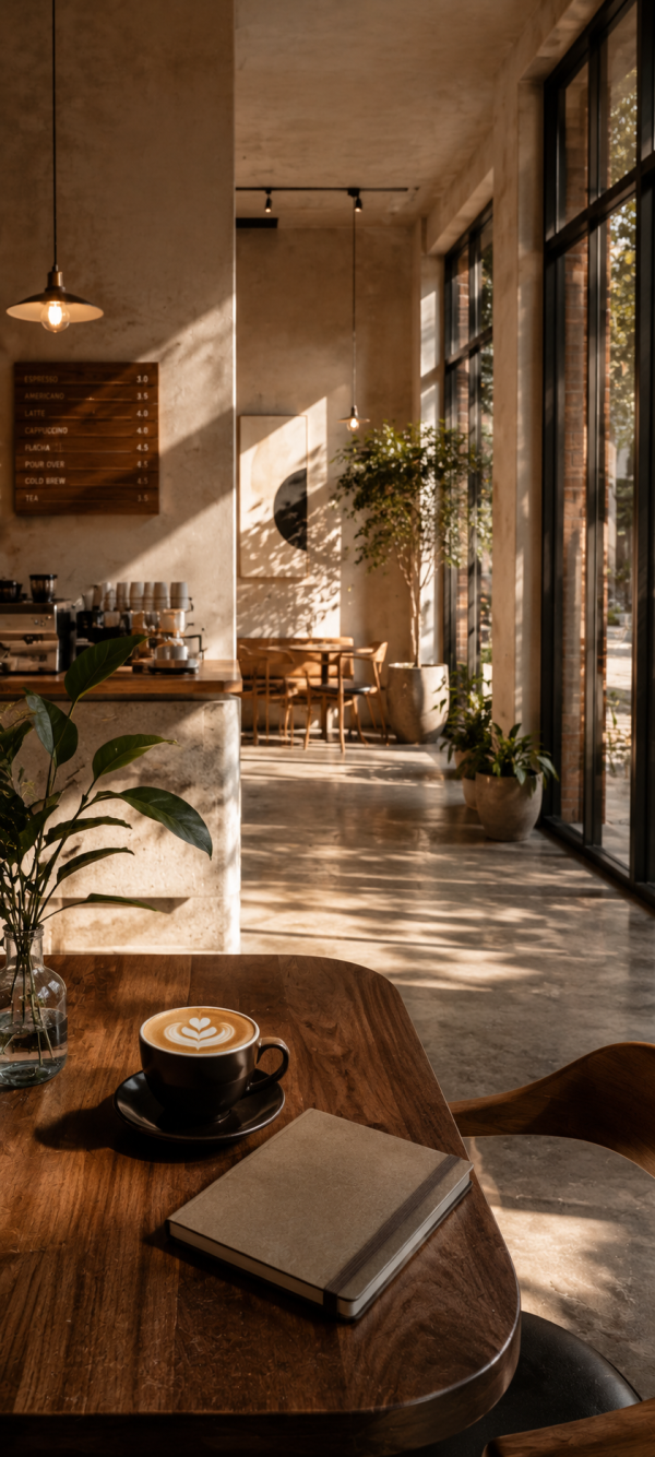 Sunny Cafe Latte and Notebook — phone wallpaper