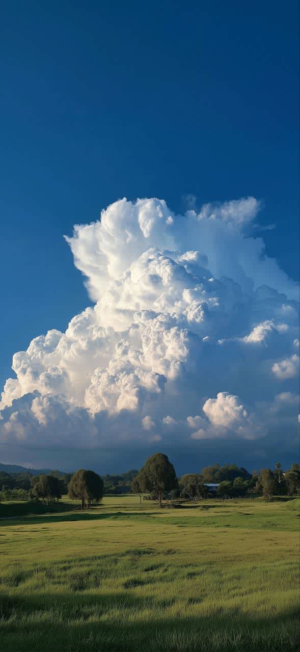 Majestic Cumulus Clouds Over Green Field — phone wallpaper