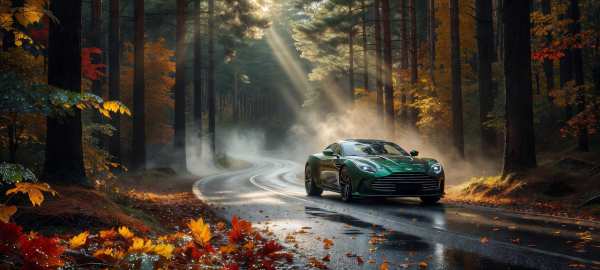 Emerald Sports Car Fall Forest Road — desktop wallpaper