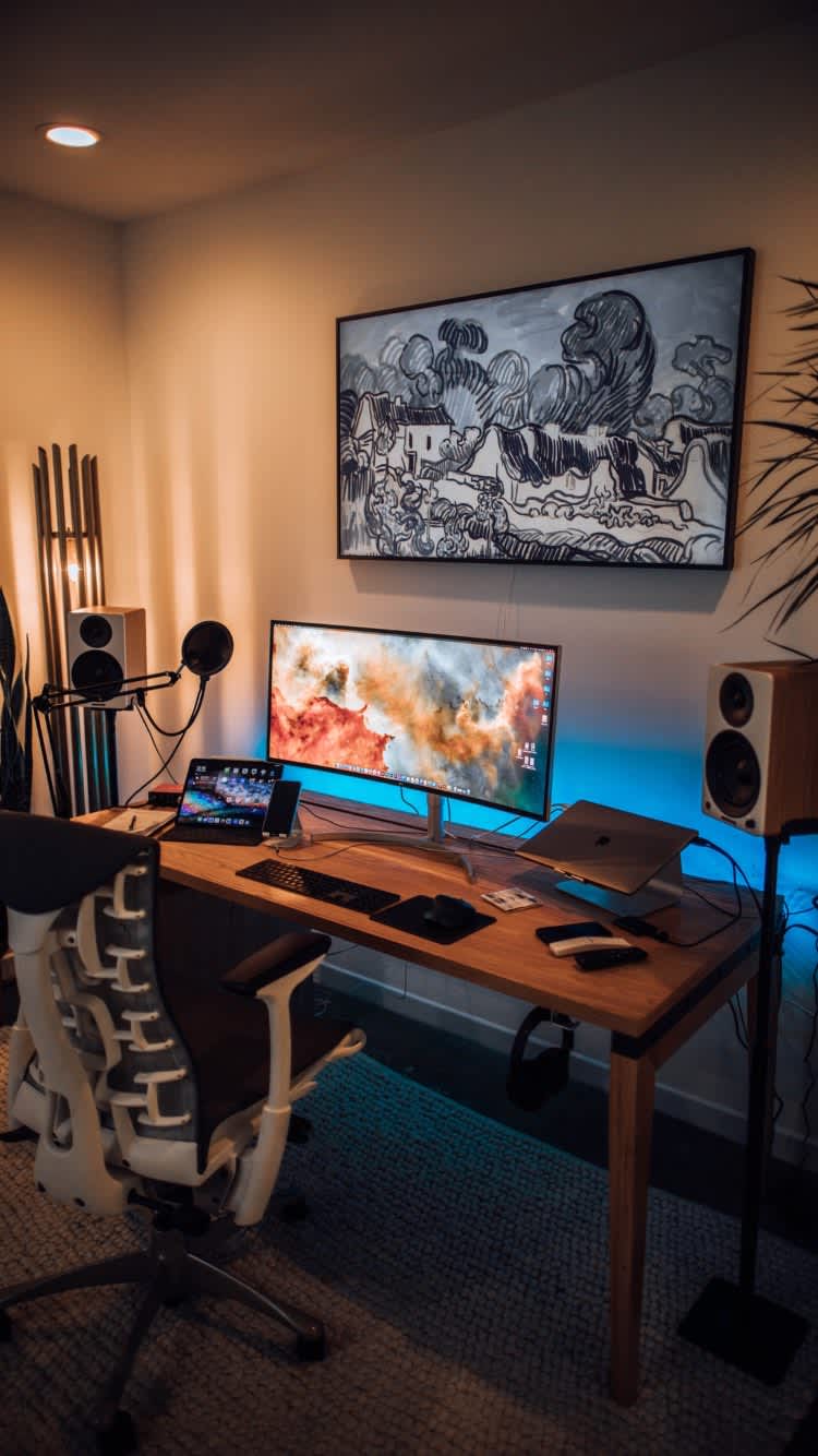 Modern Workspace Warm Blue Glow — phone wallpaper preview