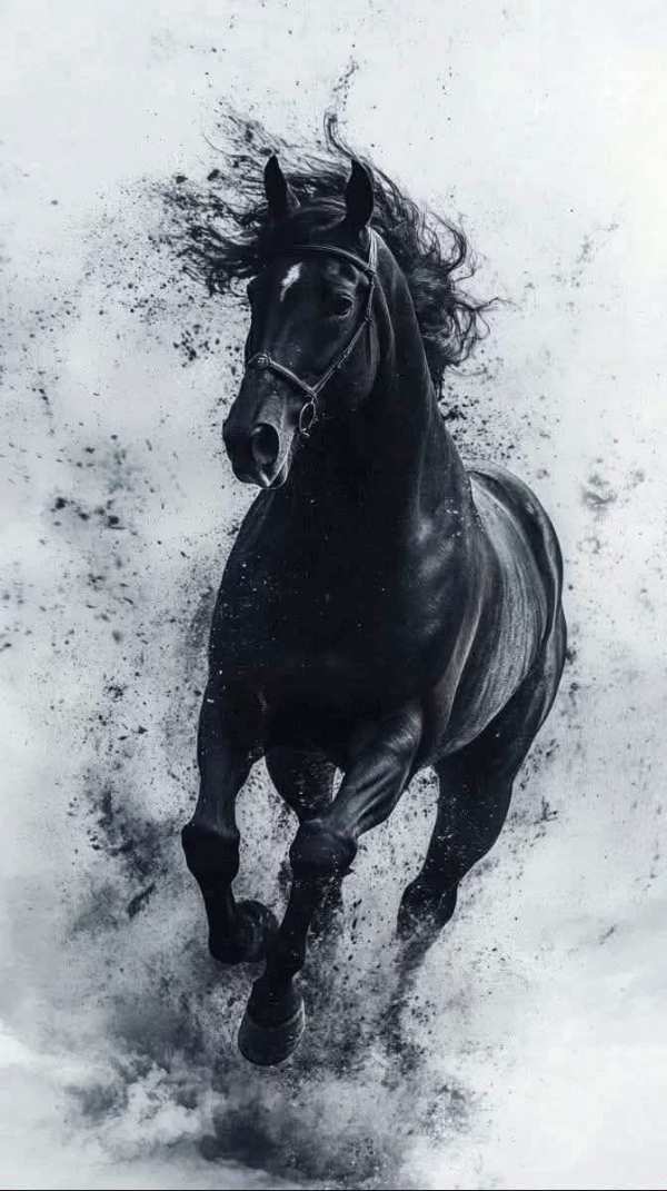 Majestic Black Horse Galloping Through Dust — phone wallpaper