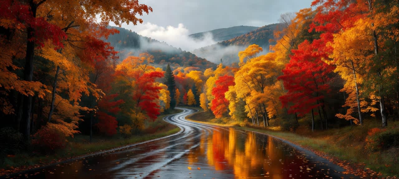 Vibrant Autumn Road Through Misty Forest — desktop wallpaper preview