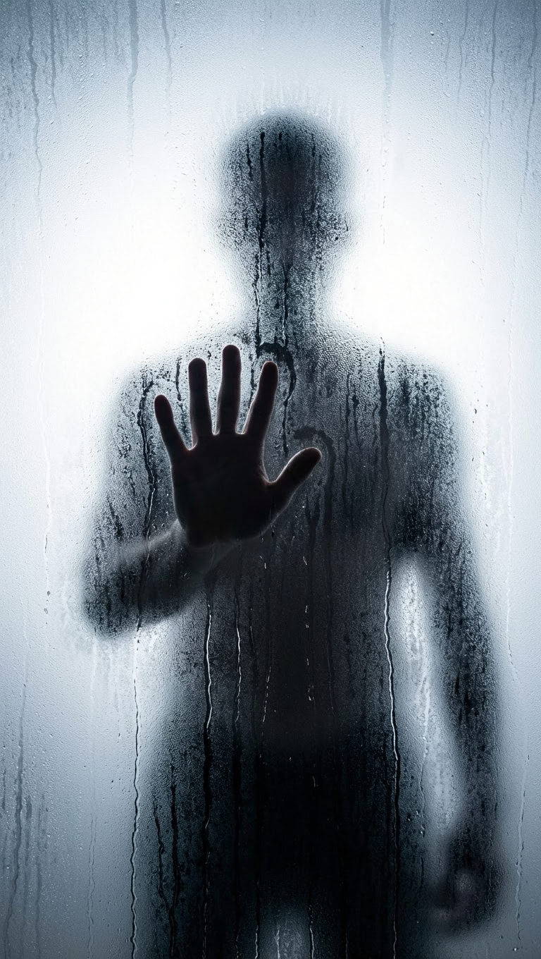 Mysterious Figure Behind Wet Glass — phone wallpaper preview