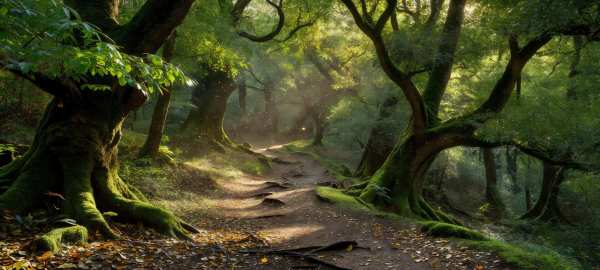 Enchanted Forest Sunlit Path — desktop wallpaper