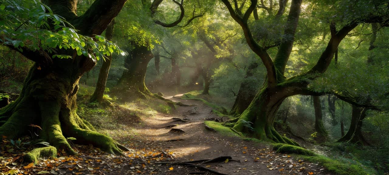 Enchanted Forest Sunlit Path — desktop wallpaper preview