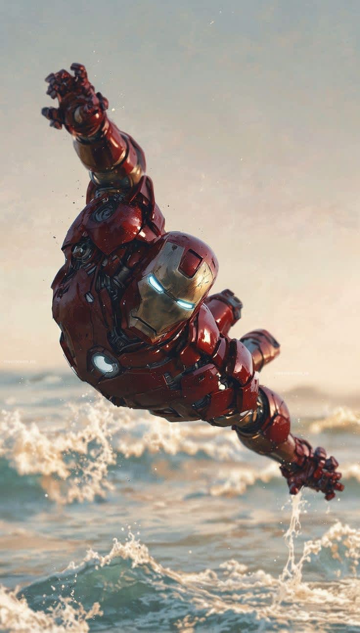Iron Man's Dynamic Ocean Leap — phone wallpaper preview