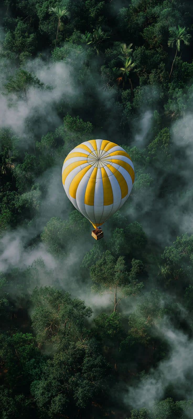 Misty Jungle Hot Air Balloon Flight — phone wallpaper preview