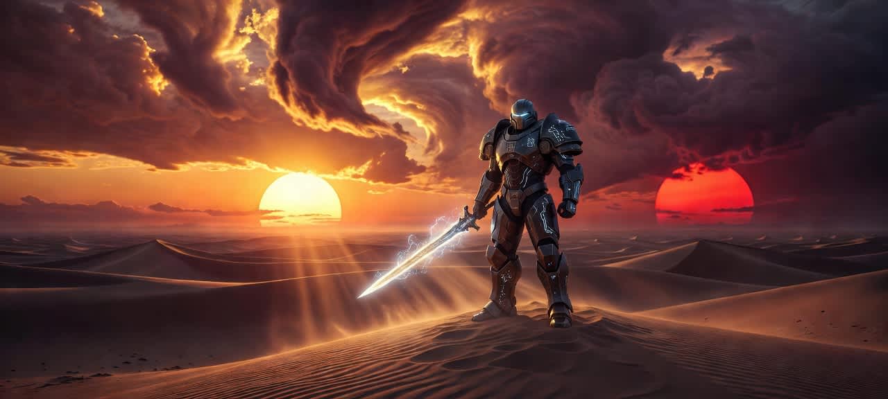 Epic Sci-Fi Warrior Under Twin Suns — desktop wallpaper preview