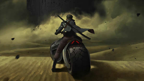 Desert Warrior on Futuristic Motorcycle — desktop wallpaper