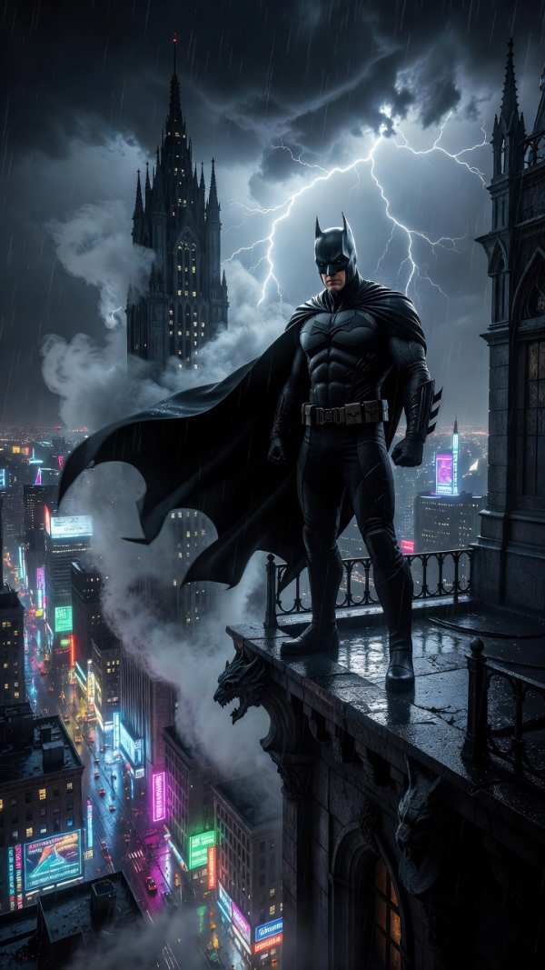 Dark Knight Over Rainy Gotham City — phone wallpaper