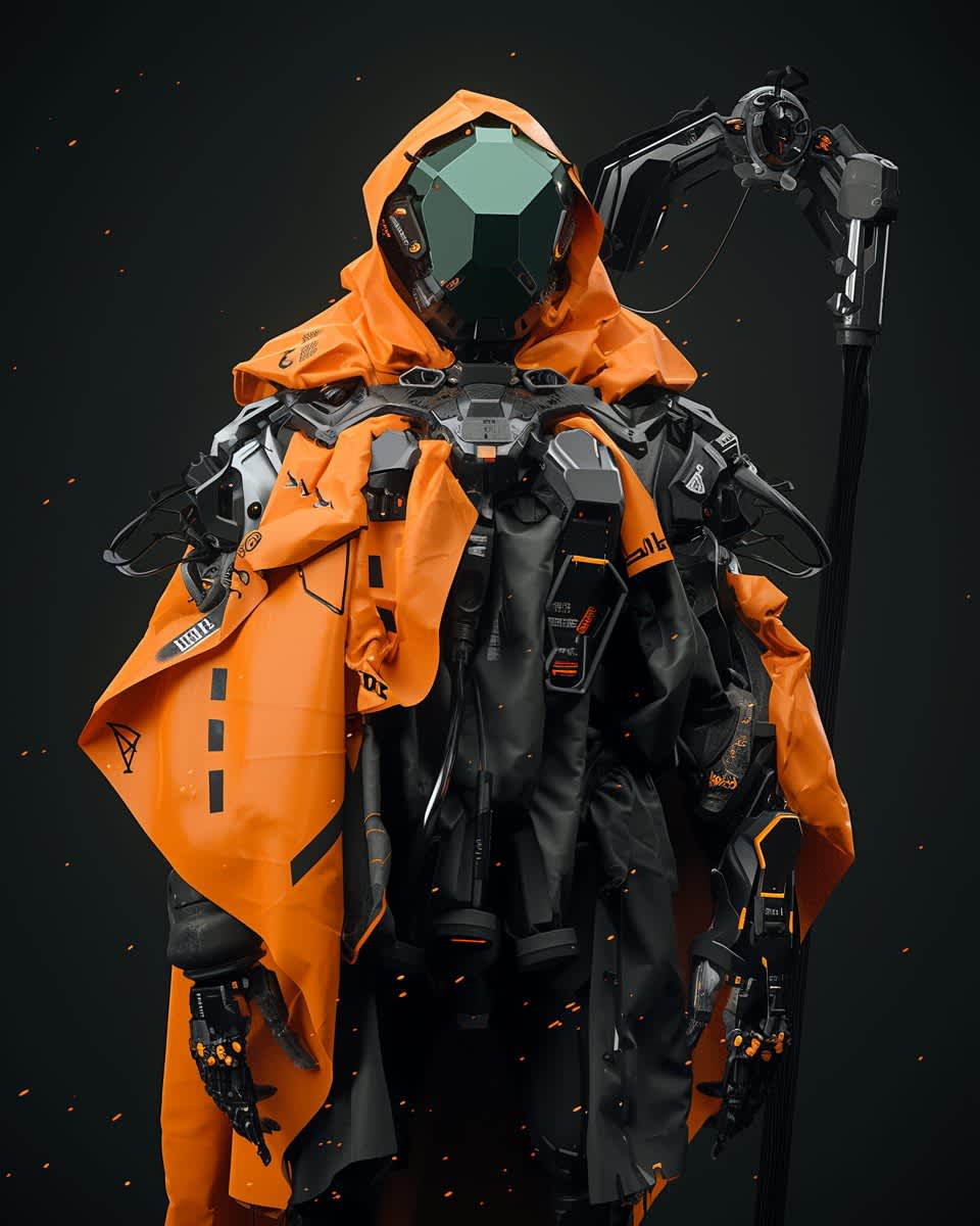 Orange Cloaked Cybernetic Sentinel — phone wallpaper preview