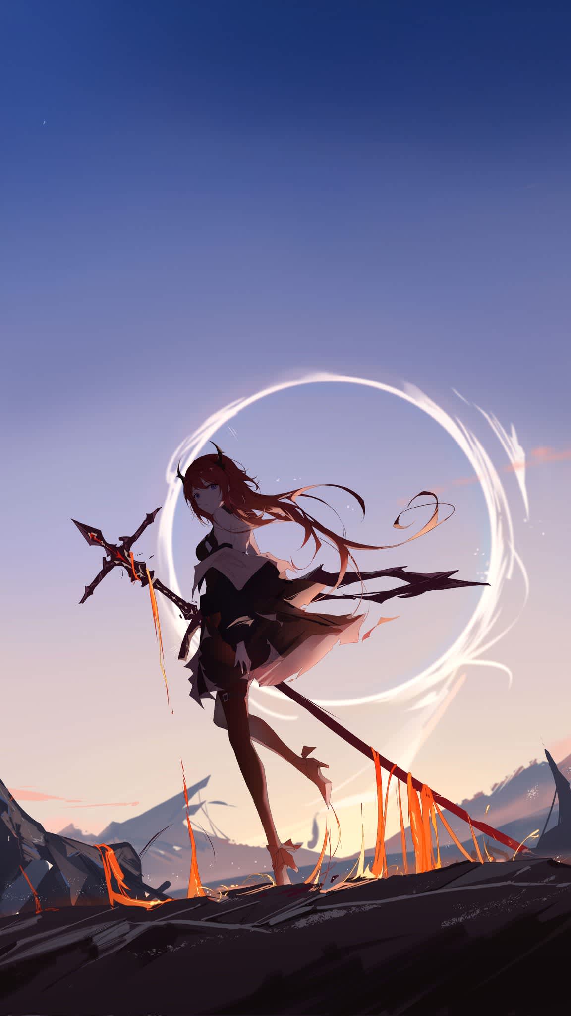 Ethereal Warrior in Fiery Landscape — phone wallpaper preview