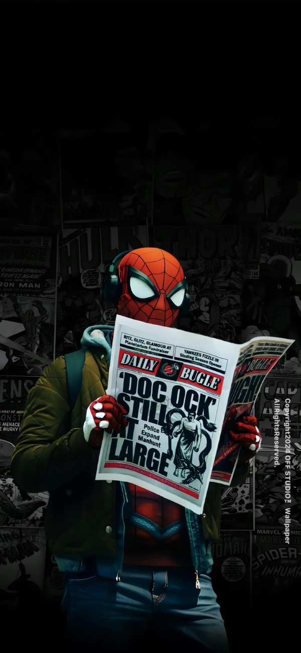 Spider-Man Reading Daily Bugle — phone wallpaper