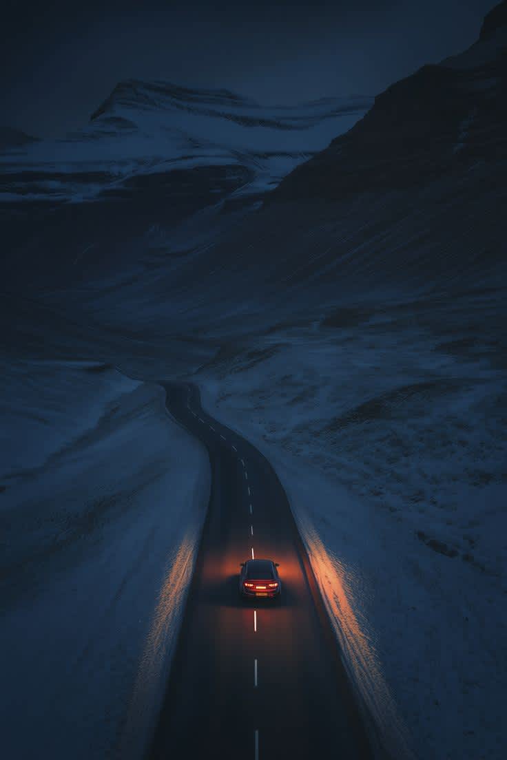 Midnight Journey Through Winter Peaks — phone wallpaper preview