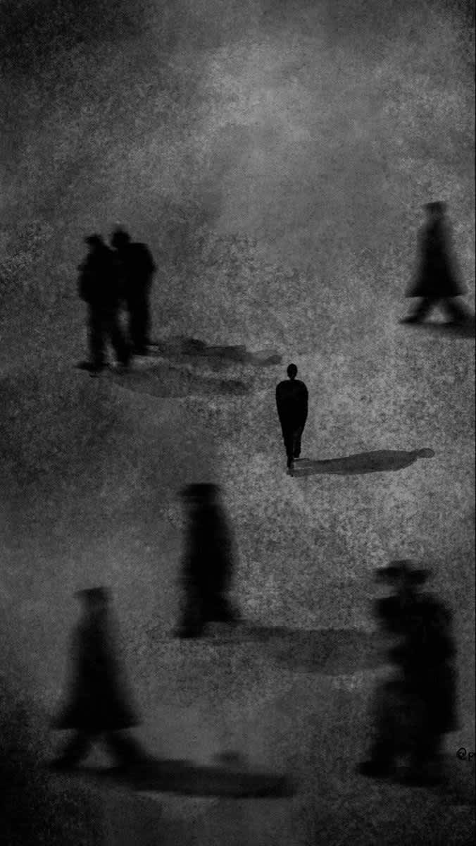 Solitary Walk in Monochrome Shadows — phone wallpaper preview