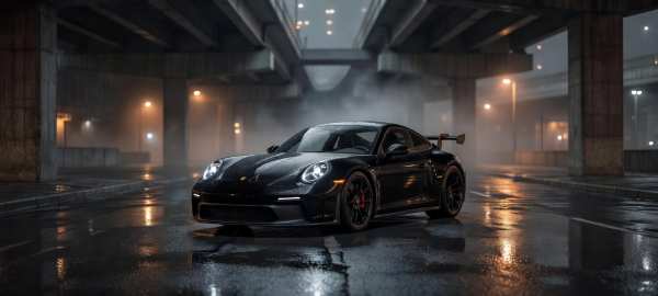 Dark Porsche Under City Overpass — desktop wallpaper