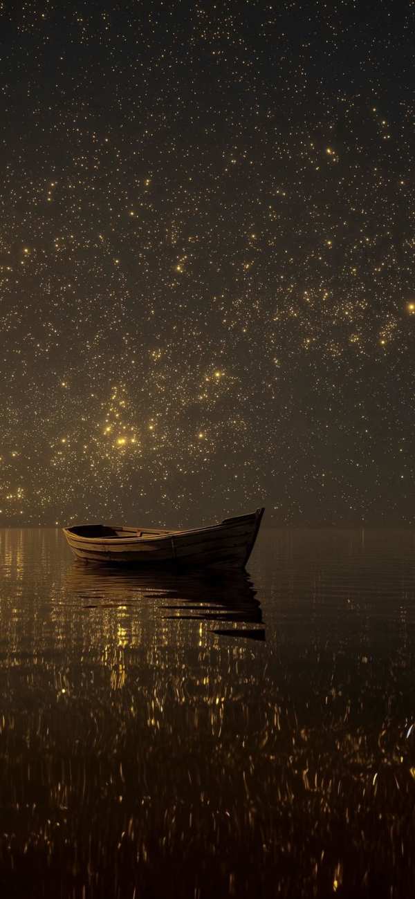 Golden Starlight Boat on Water — phone wallpaper