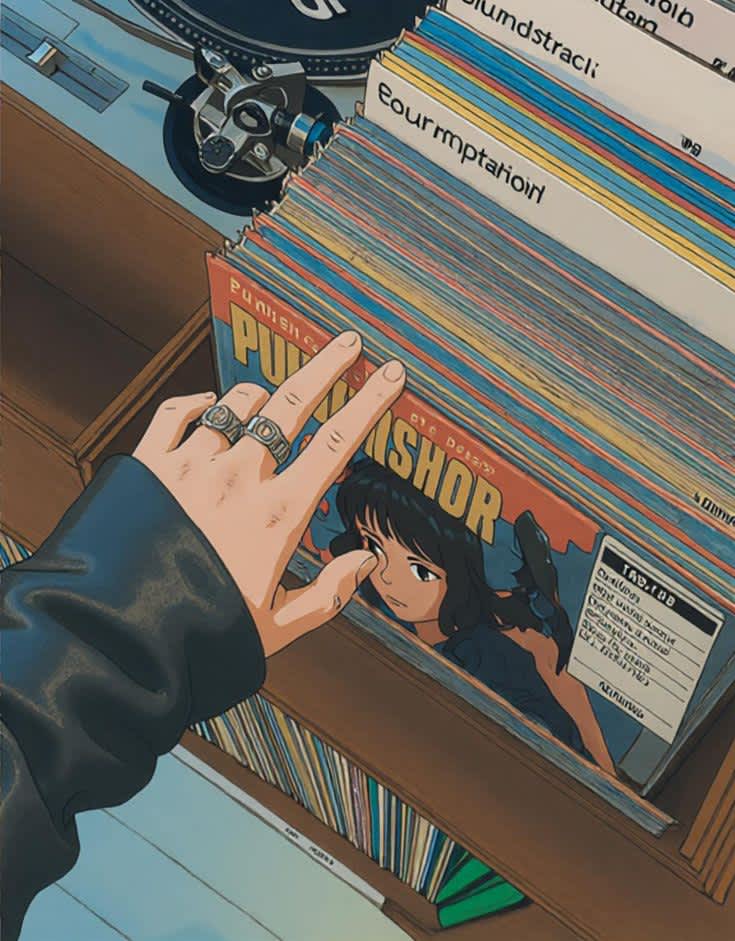 Anime Hand Browsing Vinyl Records — phone wallpaper preview